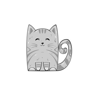 Beyaz arka plan üzerinde izole kedi. Şirin gri kedi yavrusu, illüstrasyon.