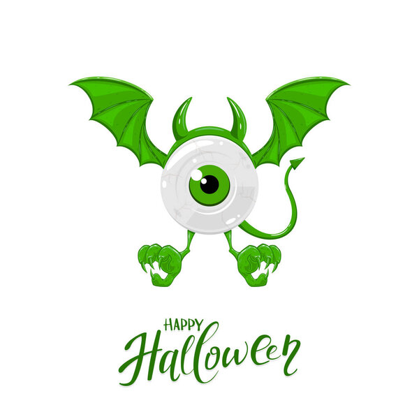 Green monster for Halloween with one eye, horns, wings and tail, isolated on white background, illustration.
