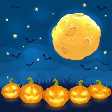 Halloween Jack O Lanterns ile arka plan. Kabak çim üzerinde ve dolunayda yarasalar, illüstrasyon ile gece gökyüzü gülümseyen.