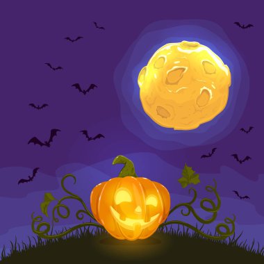 Halloween Jack O Lantern ile arka plan. Dolunay ve yarasalar, illüstrasyon ile gece arka plan üzerinde kabak.