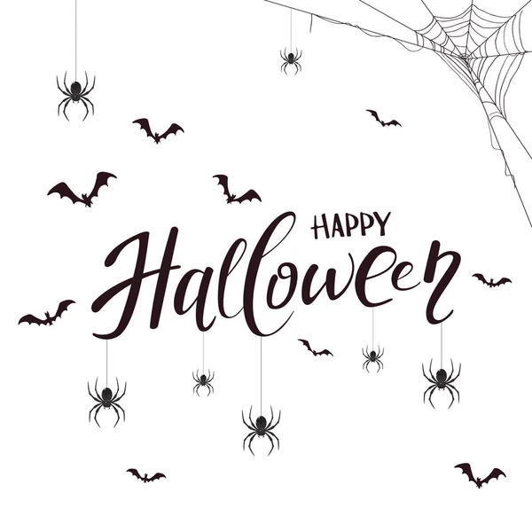 Lettering Happy Halloween Spiders Cobweb Bats White Background — Stock Vector