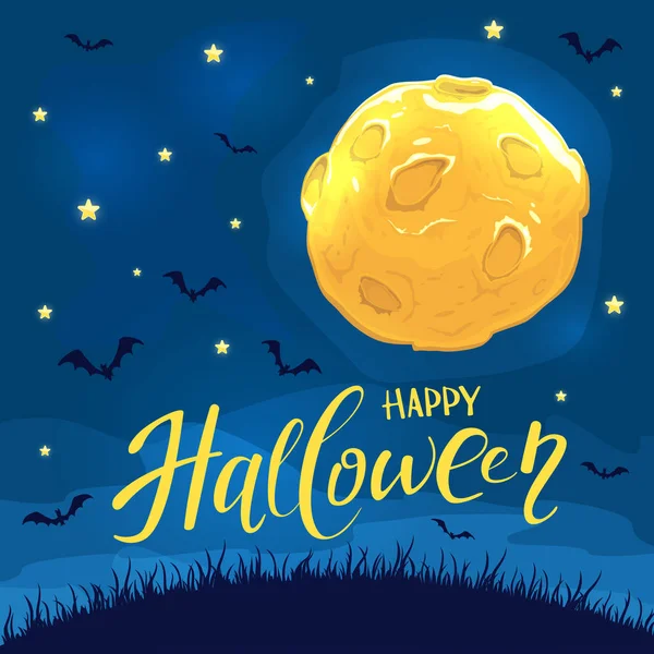 Lettering Feliz Halloween Fondo Noche Con Luna Murciélagos Voladores Ilustración — Vector de stock