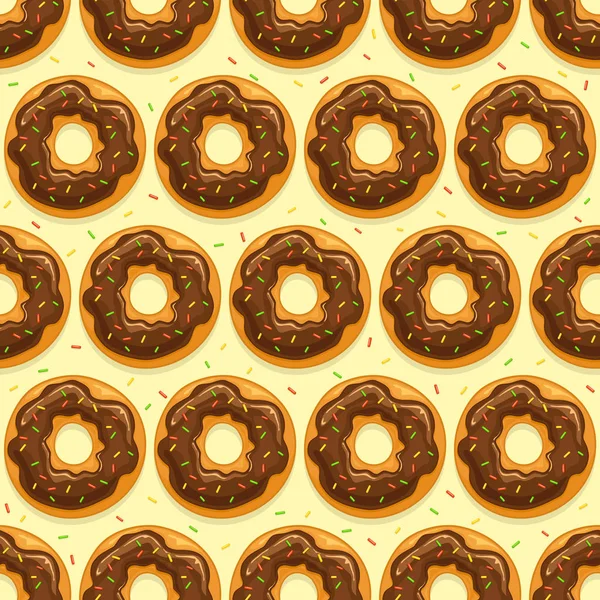 Seamless Background Donuts Chocolate Glaze Colorful Sprinkles Yellow Background Illustration — Stock Vector