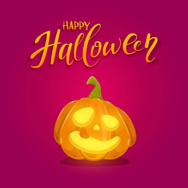 Balkabağı fener gülümseme ve mutlu Halloween illüstrasyon kırmızı zemin üzerine yazı ile.