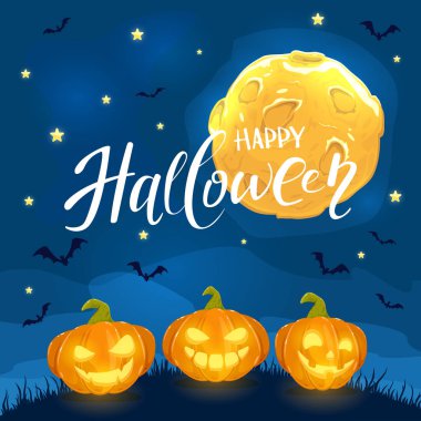 Halloween Jack O Lanterns ile arka plan. Kabak çim üzerinde ve dolunayda yarasalar ile gece gökyüzü gülümseyen. Mutlu Cadılar Bayramı, örnek yazı.