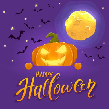 Jack o fener gülümseme ve mutlu Cadılar Bayramı afiş yazı. Tatil arka plan ile kabak, ay ve yarasalar, illüstrasyon.