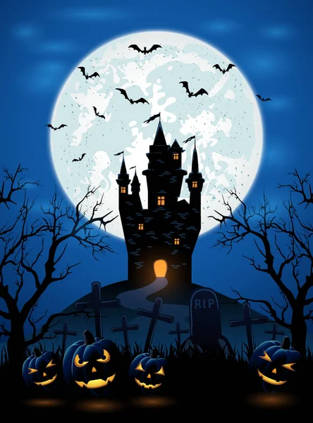 Noche Halloween Con Castillo Oscuro Calabazas Sobre Fondo Azul Luna — Archivo Imágenes Vectoriales