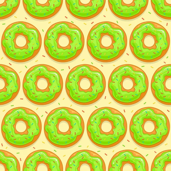 Бесшовный Фон Пончиками Зеленой Глазурью Красочными Брызгами Желтом Фоне Иллюстрация — стоковый вектор