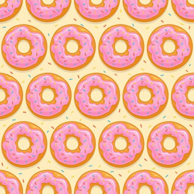 Pembe sır ve sarı arka planda, illüstrasyon renkli bonibon donuts ile sorunsuz arka plan.