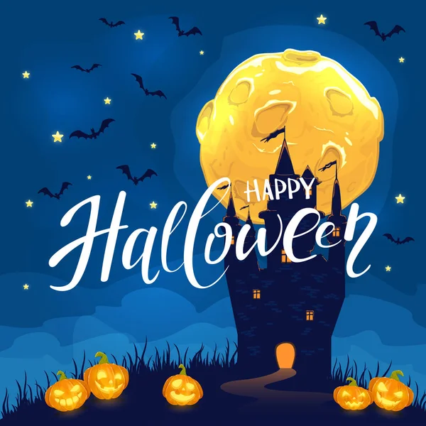 Lettering Feliz Halloween Fondo Noche Con Castillo Oscuro Calabazas Sonrientes — Archivo Imágenes Vectoriales