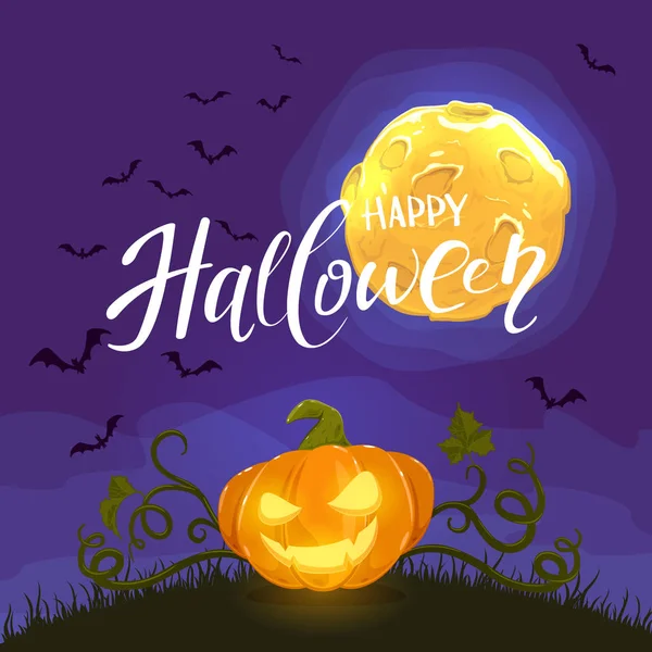 Lettering Feliz Halloween Fondo Noche Con Jack Lantern Calabaza Sonriente — Archivo Imágenes Vectoriales