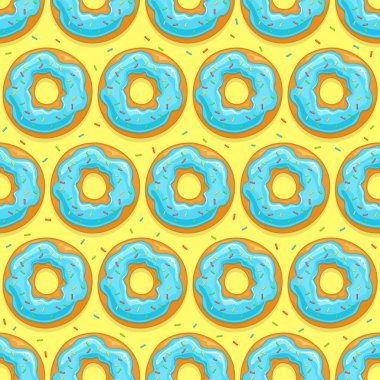 Mavi sır ve sarı arka planda, illüstrasyon renkli bonibon donuts ile sorunsuz arka plan.