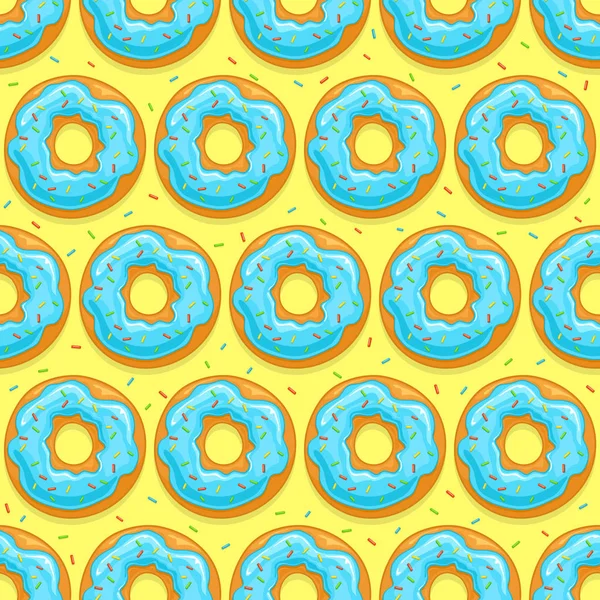 Бесшовный Фон Пончиками Голубой Глазурью Красочными Брызгами Желтом Фоне Иллюстрация — стоковый вектор