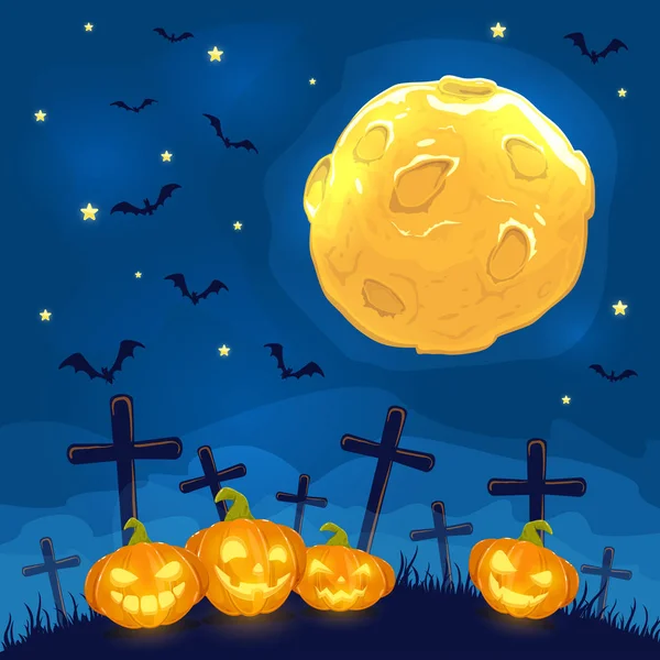 Halloween Achtergrond Met Jack Lanterns Lachende Pompoenen Een Begraafplaats Volle — Stockvector