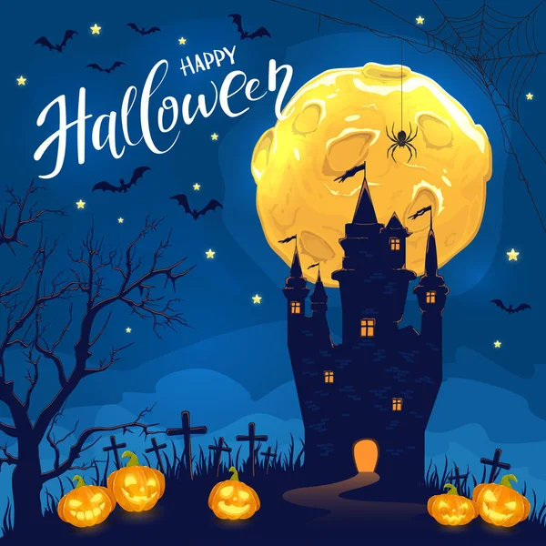 Lettering Happy Halloween Night Sky Background Dark Castle Smiling Pumpkins — Stock Vector