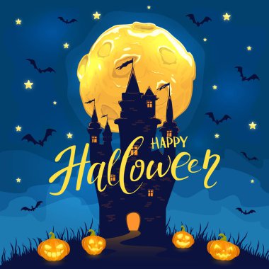 Ay ve yarasalar kabaklar gülümseyen ve mutlu Cadılar Bayramı, illüstrasyon yazı koyu Kalesi, mavi gece zemin üzerine.