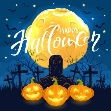 Halloween Jack O Lanterns ile arka plan. Bir mezarlık ile bir mezar taşı üzerinde kabaklar ve dolunayda yarasalar, illüstrasyon ile gece gökyüzü gülümseyen.
