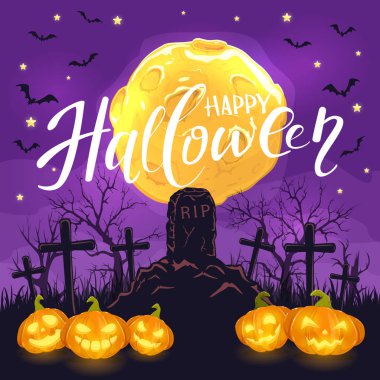 Halloween Jack O Lanterns ile arka plan. Bir mezarlık ile bir mezar taşı üzerinde kabaklar ve dolunayda yarasalar, illüstrasyon ile mor gece gökyüzü gülümseyen.