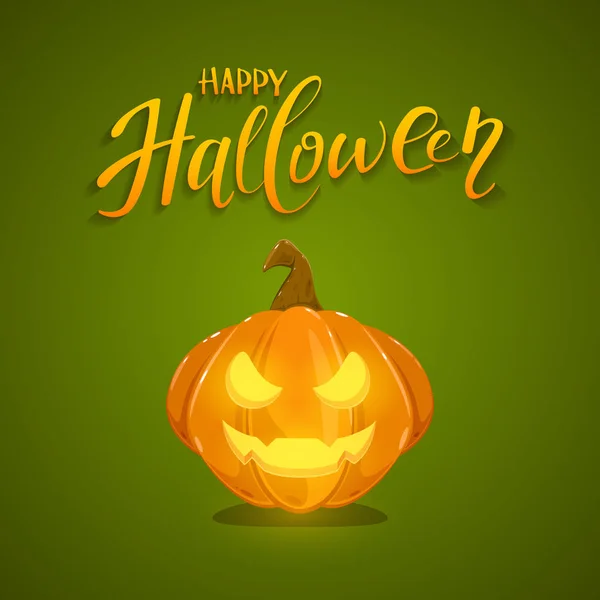 Schriftzug Happy Halloween Und Kürbislaterne Mit Lächeln Auf Grünem Hintergrund — Stockvektor