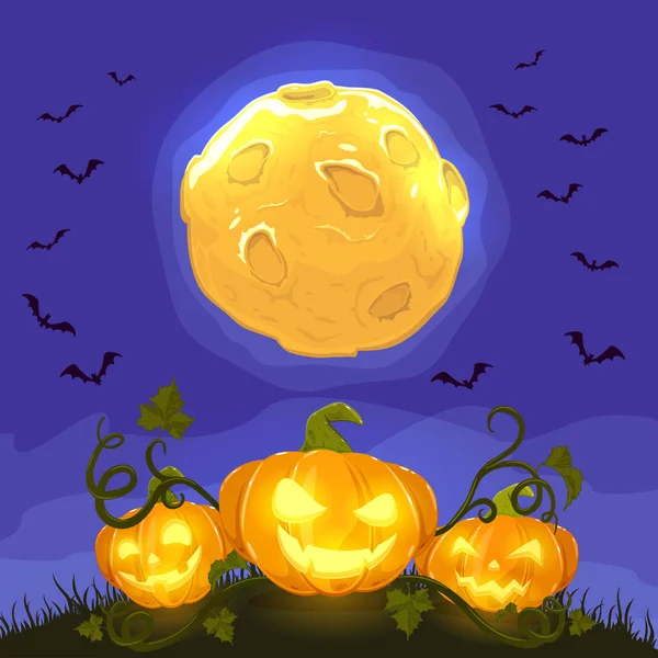 Lanterns Smiling Pumpkins Grass Full Moon Blue Night Sky Bats — Stock Vector