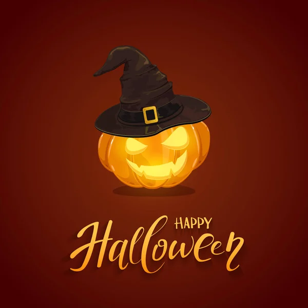 Lettering Happy Halloween Smiling Orange Pumpkin Black Witch Hat Golden — стоковый вектор