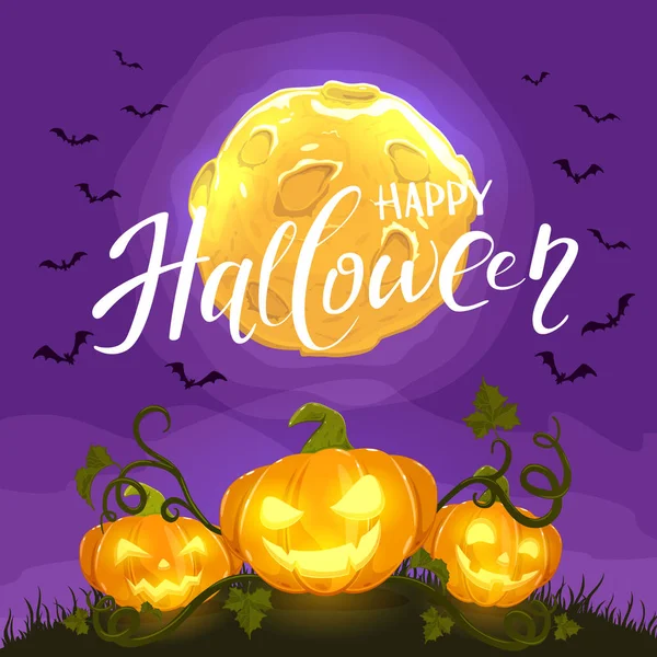 Sfondo Halloween Con Jack Lanterne Zucche Sorridenti Sull Erba Luna — Vettoriale Stock