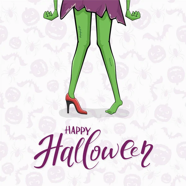Lettrage Joyeux Halloween Avec Des Jambes Zombie Sorcière Chaussures Rouges — Image vectorielle