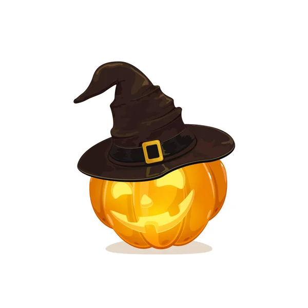 Feliz Tema Halloween Calabaza Naranja Sonriente Sombrero Bruja Negro Con — Vector de stock