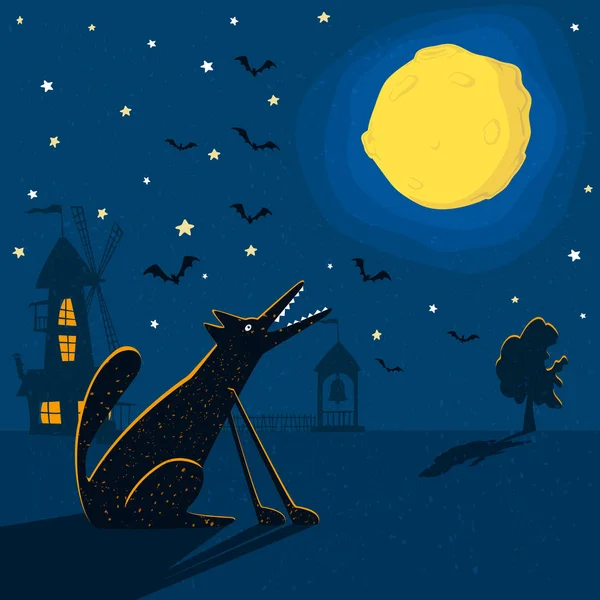 Nachthintergrund Mit Wolf Und Mond Illustration — Stockvektor