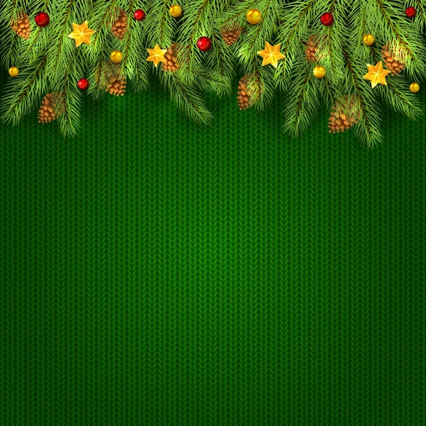 Decoraciones Con Estrellas Navidad Bolas Ramas Abeto Patrón Punto Verde — Vector de stock