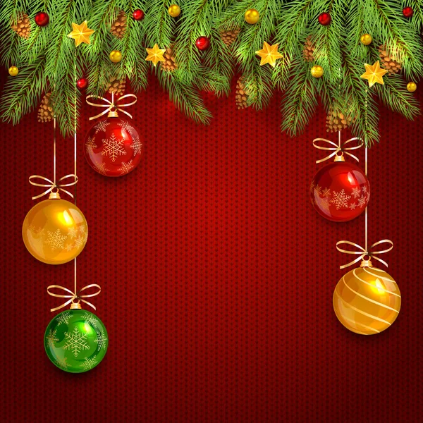 Decoraciones Con Bolas Navidad Ramas Abeto Patrón Punto Rojo Fondo — Vector de stock