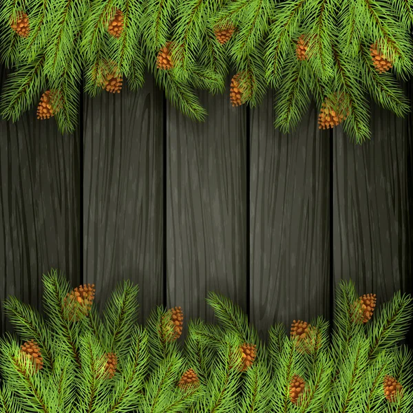 黑色木纹的节日装饰品 圣诞节背景和云杉的分支与松树锥体 — 图库矢量图片
