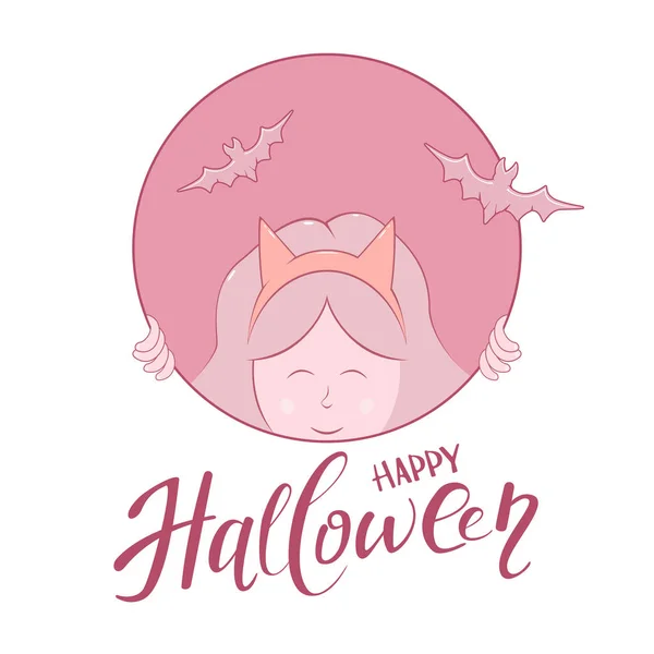 Chica Con Murciélagos Banner Redondo Texto Feliz Halloween Ilustración — Archivo Imágenes Vectoriales