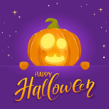 Jack o fener gülümseme ve mutlu Cadılar Bayramı afiş yazı. Mor tatil arka plan ile kabak ve yıldız, illüstrasyon.