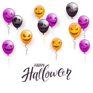 Cadılar Bayramın kutlu olsun metin ve renkli balonlar, resimde beyaz zemin üzerine dekorasyon.