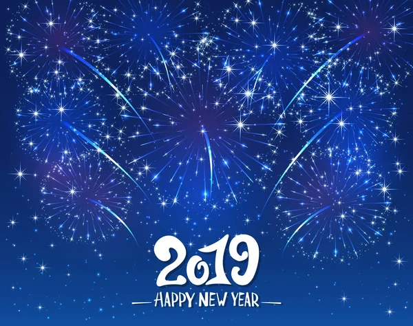 Lettering Happy New Year 2019 Fuochi Artificio Scintillanti Sfondo Blu — Vettoriale Stock