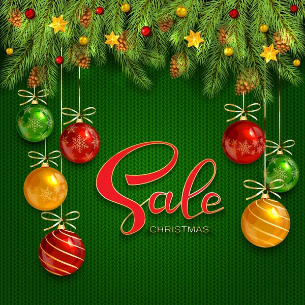 节日背景与刻字圣诞节销售 用圣诞球和杉木树枝装饰绿色针织图案 — 图库矢量图片