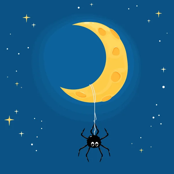 Tema Halloween Păianjen Drăguț Lună Cer Noapte Fundal Semilună Ilustrație — Vector de stoc