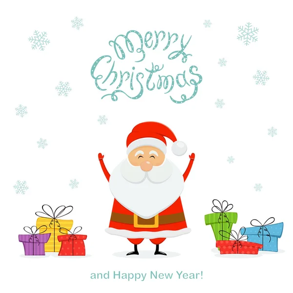 Feliz Papá Noel Con Pequeños Coloridos Regalos Navidad Texto Feliz — Vector de stock