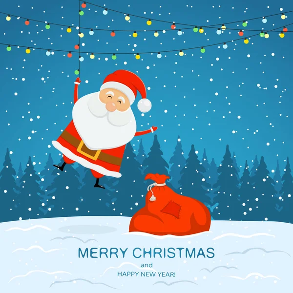 Feliz Santa Claus Con Bolsa Regalos Coloridas Luces Navidad Texto — Vector de stock