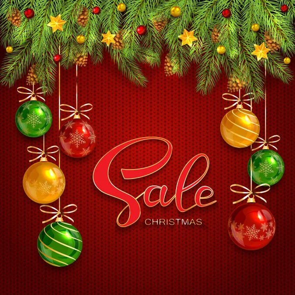 Holiday Background Lettering Christmas Sale Decorations Christmas Balls Fir Tree — Stock Vector