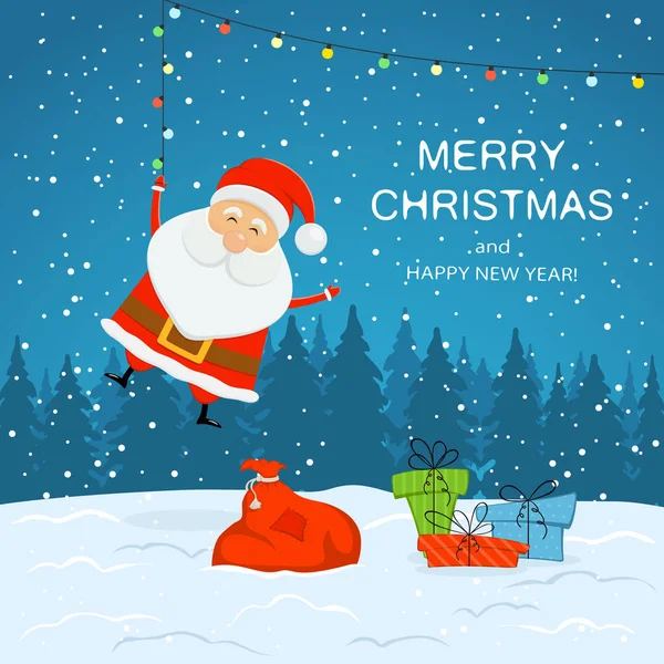 Buon Babbo Natale Con Borsa Scatole Regalo Luci Natale Colorate — Vettoriale Stock