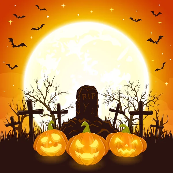 ジャック ランタン オレンジ ハロウィン背景 墓石と墓地にカボチャとコウモリのイラストと夜空に満月の笑顔 — ストックベクタ