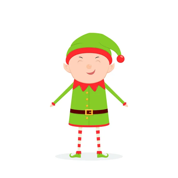 帽子と靴 白い背景 イラストに分離された緑の休暇衣装でかわいい小さなクリスマス エルフ — ストックベクタ