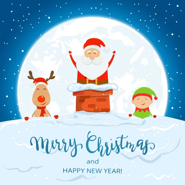 Tema Navidad Con Santa Chimenea Fondo Luna Reno Elfo Lindo — Vector de stock