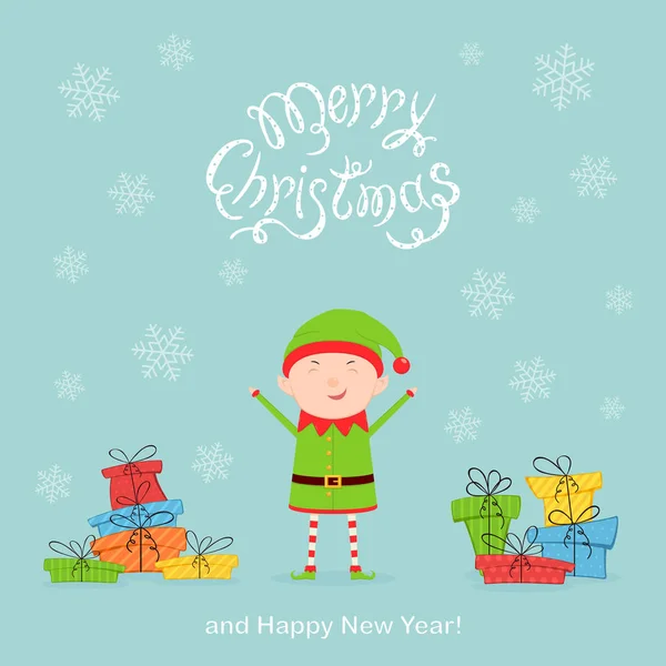 カラフルなクリスマスと幸せなエルフを示します テキスト メリー クリスマスと幸せな新年を立ち下がり雪青の背景 イラストに — ストックベクタ