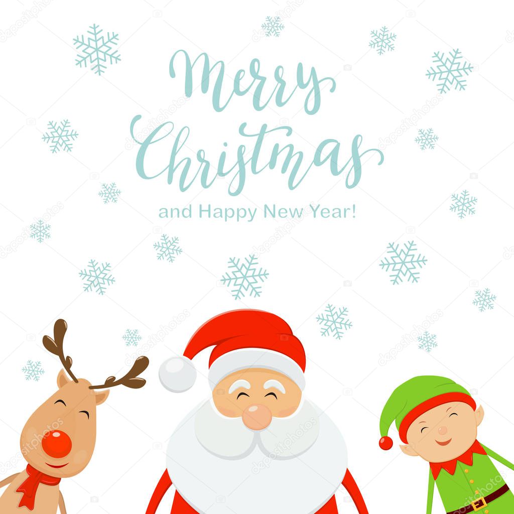 Lettering Merry Christmas and Happy New Year with falling snowflakes on white background. Happy Santa Claus with cute elf and reindeer, illustration.
