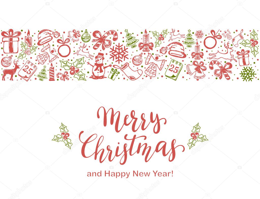 Merry Christmas with decorative red and green elements on a white background. Holiday card with lettering and decoration, illustration.