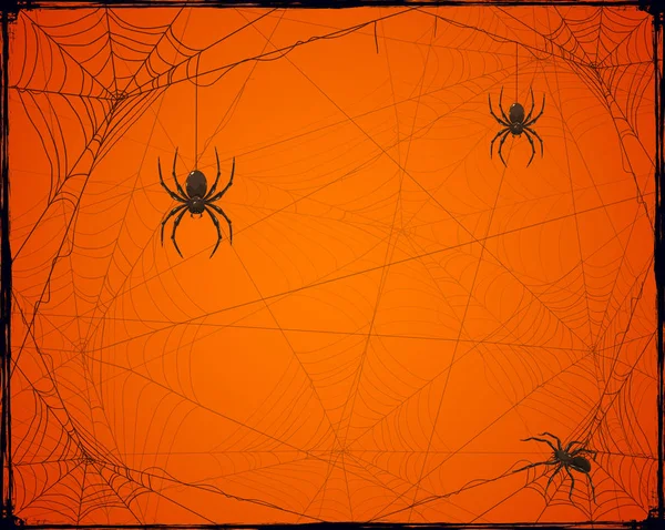 Оранжевый Фон Хэллоуина Пауками Паутиной Иллюстрация — стоковый вектор