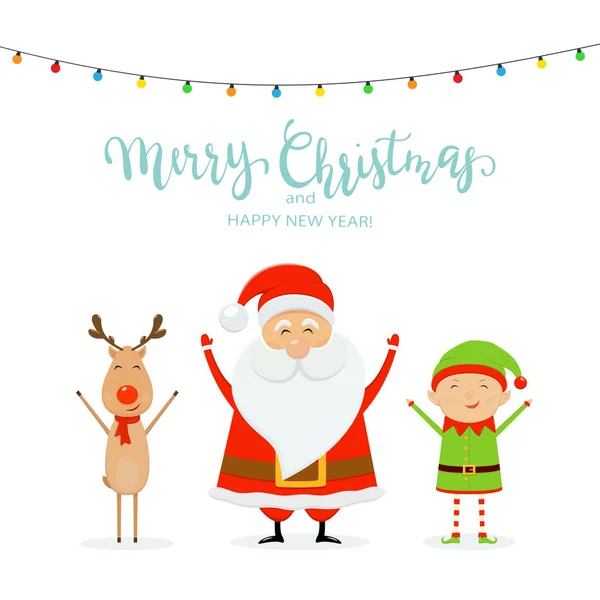 Ren Geyiği Sevimli Elf Ile Mutlu Noel Baba Metin Mutlu — Stok Vektör
